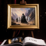 Golden-framed painting of Star Wars characters gleams with warm light and auction catalog displays $3.9 million price