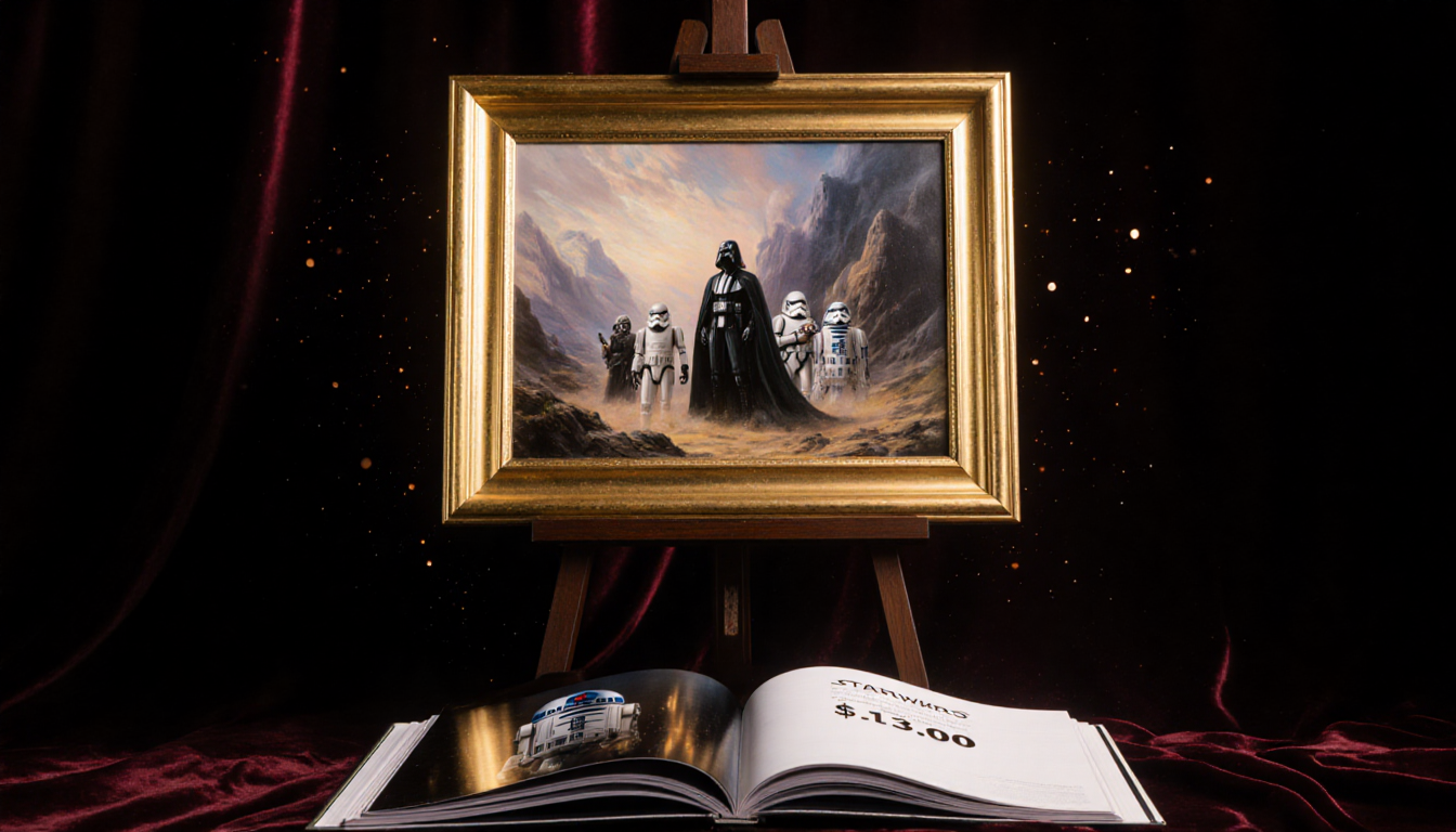 Golden-framed painting of Star Wars characters gleams with warm light and auction catalog displays $3.9 million price