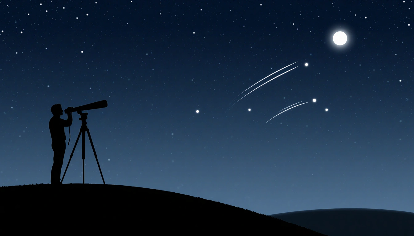 Jacque Benitez stares upward with telescope and bright moon rising above dark hill while two meteors streak across night sky