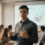 Young entrepreneur gesturing confidently with pitch deck projected and investors watching closely