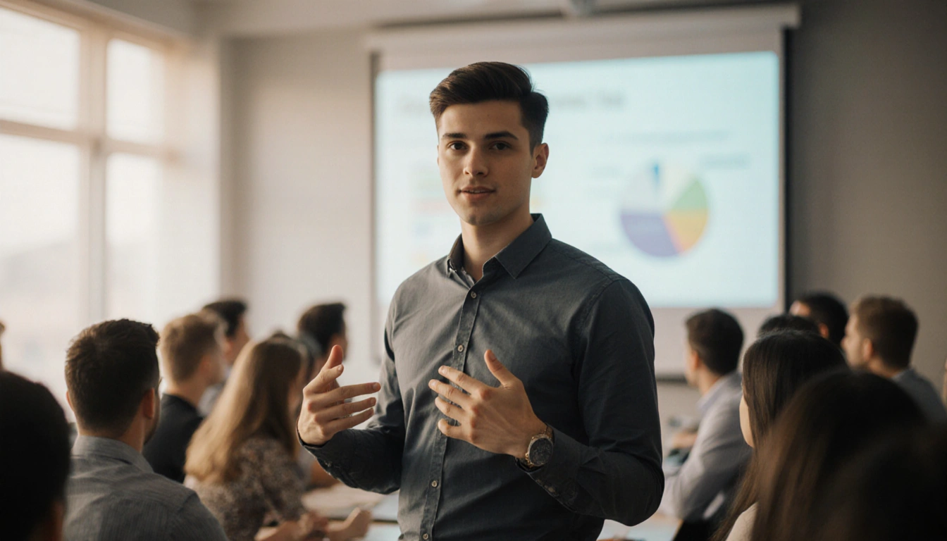 Young entrepreneur gesturing confidently with pitch deck projected and investors watching closely