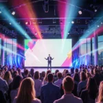 Startup founder pitching an edtech solution on illuminated stage with diverse tech audience and city skyline backdrop