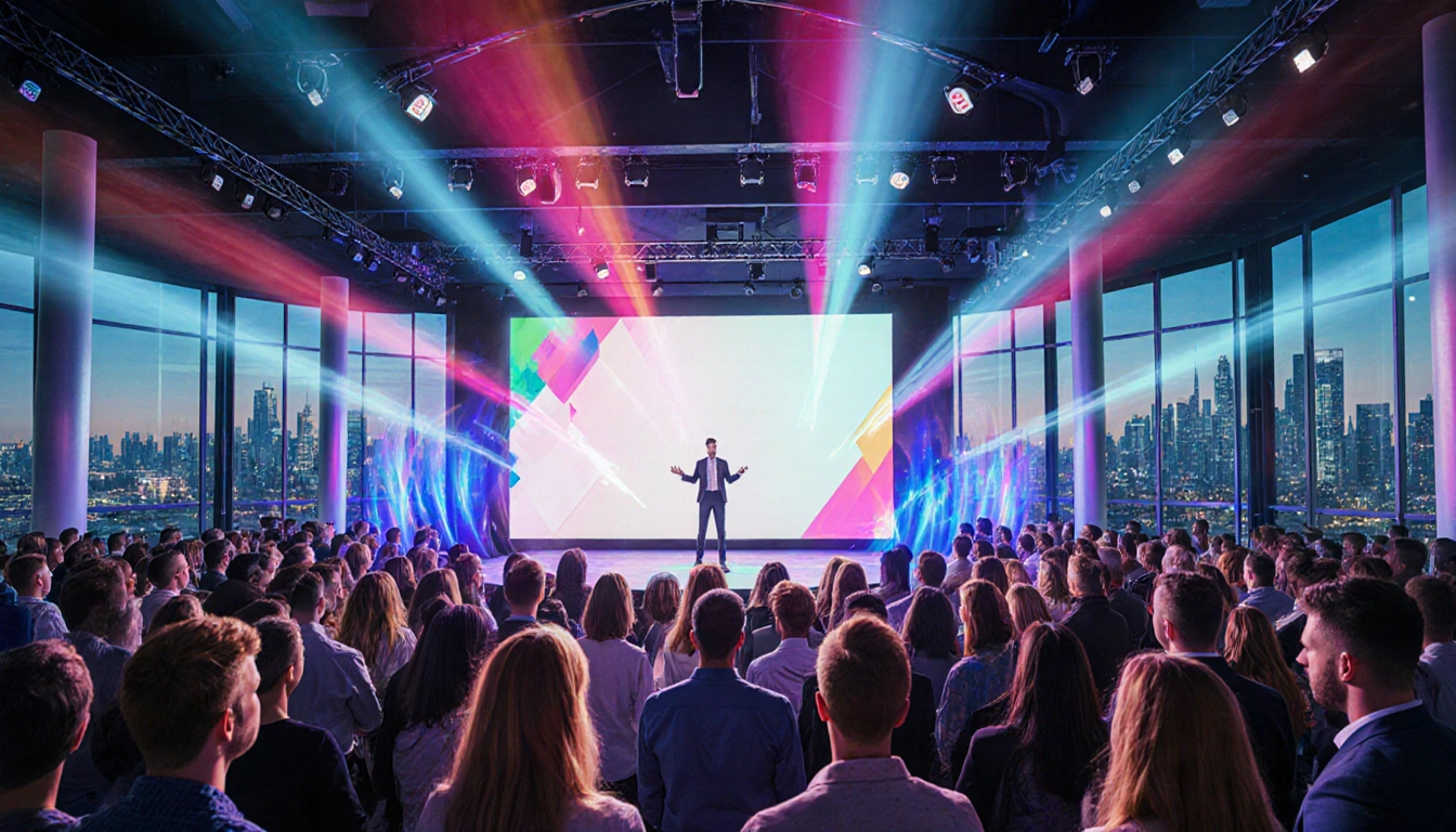 Startup founder pitching an edtech solution on illuminated stage with diverse tech audience and city skyline backdrop