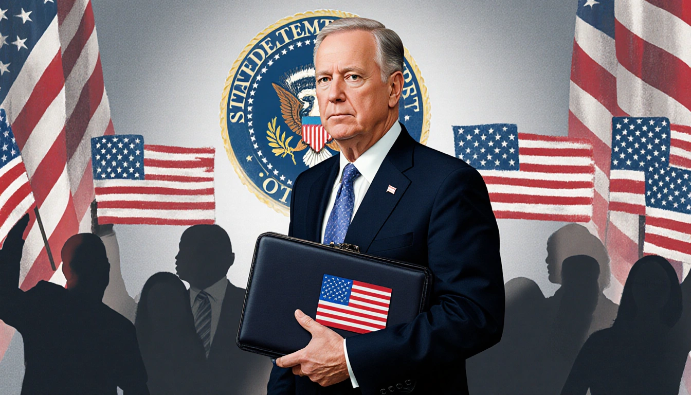 Senior official holds flag-embossed briefcase before a blurred flag-waving crowd at the embassy with a presidential seal.
