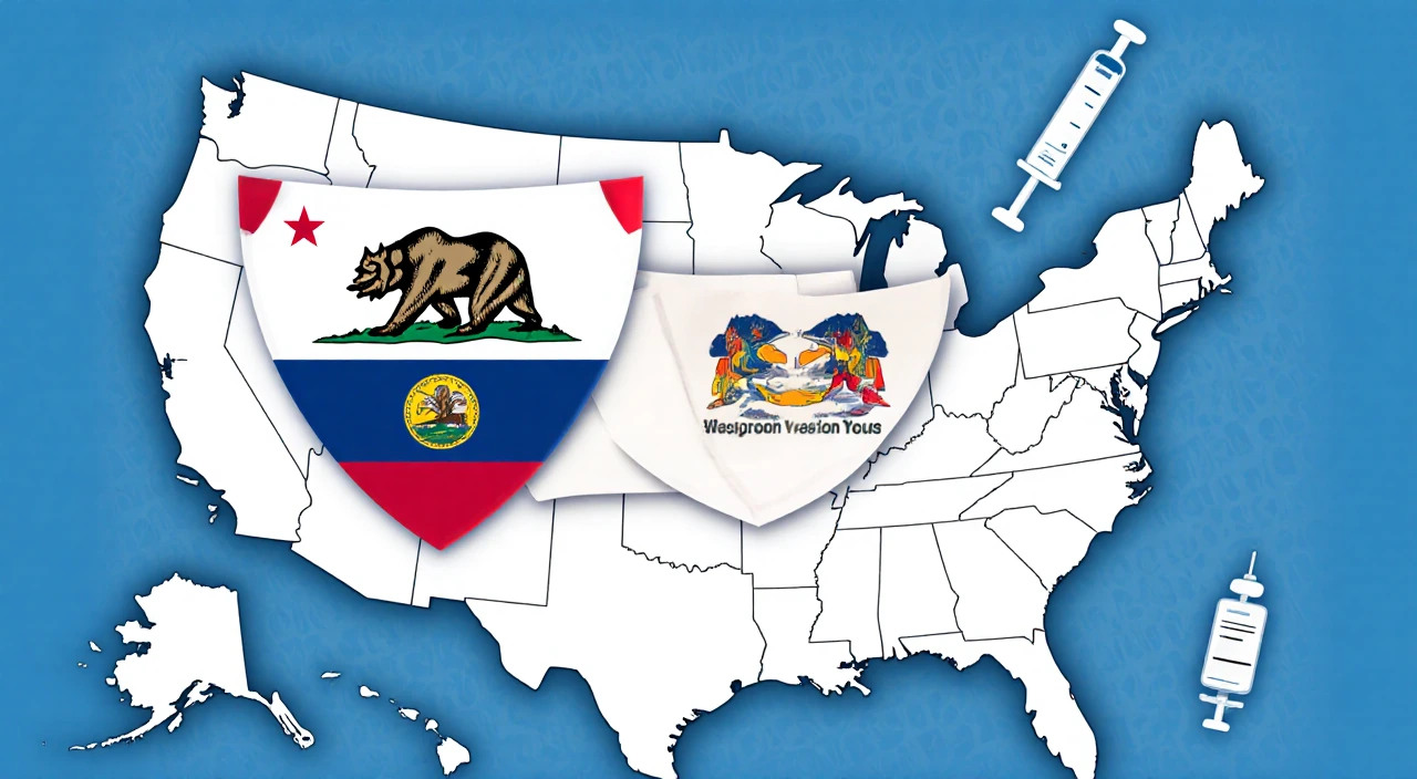 Three state flags form a triangle over a western US map with vaccine icons and medical chart texture.