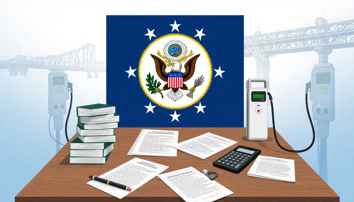 State seal sits on a large wooden table with document stacks and subtle electric vehicle charging hints.