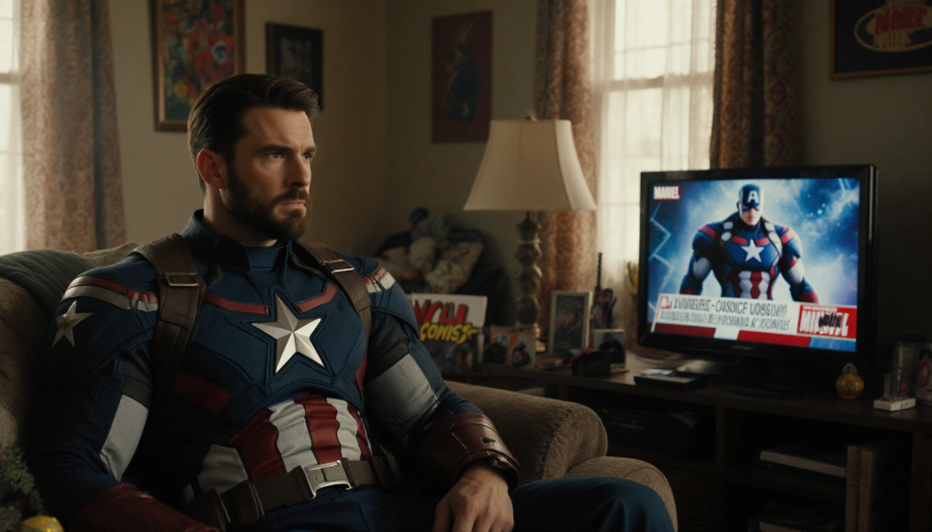 Steve Rogers the superhero sits on his couch with comic books and personal items scattered around, TV shows cosmic conflict