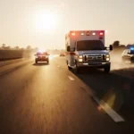 Stolen ambulance speeding down freeway at dusk with golden glow and flashing sirens and police cars deploying spike strips.