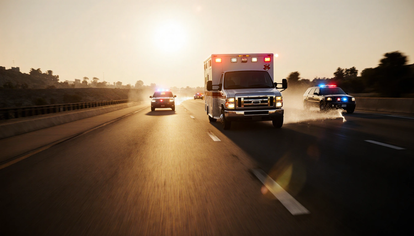 Stolen ambulance speeding down freeway at dusk with golden glow and flashing sirens and police cars deploying spike strips.
