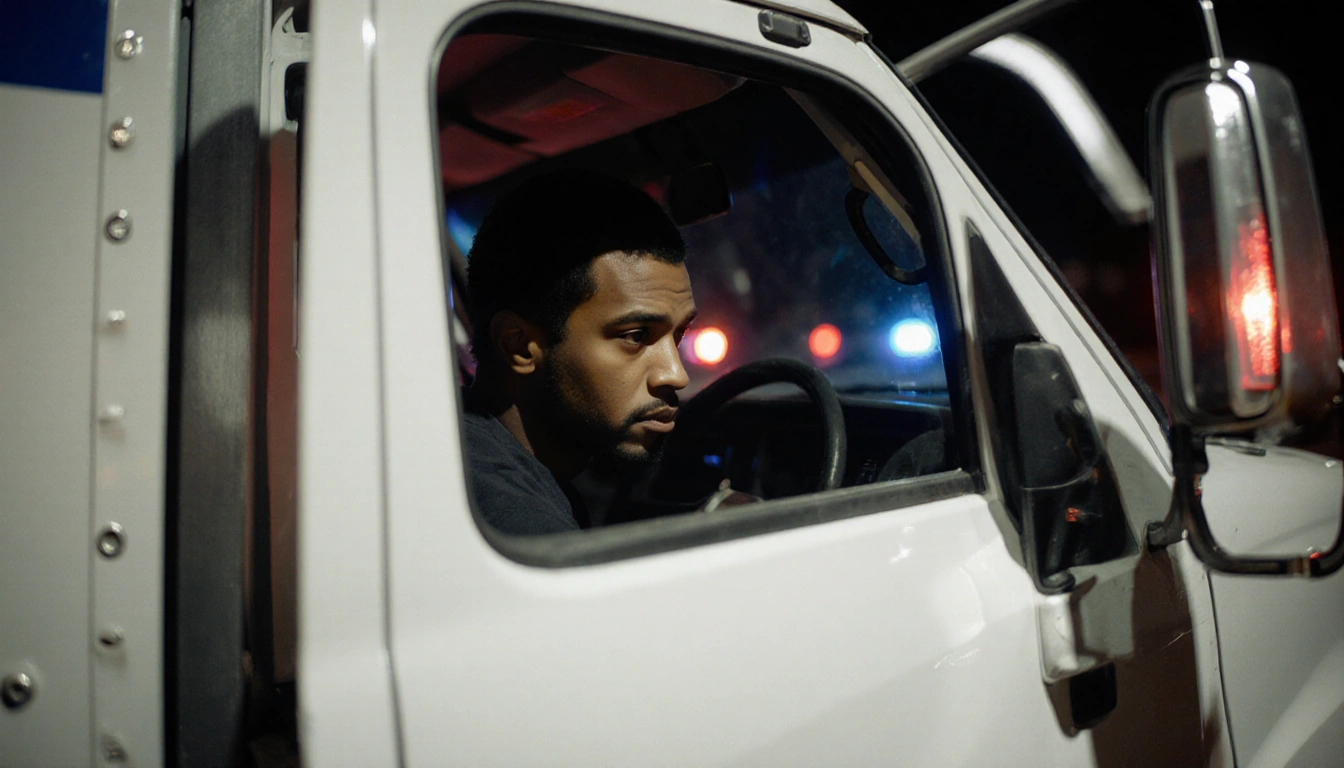 Male passenger leaning in stolen box truck with police lights flashing behind during pursuit and door ajar