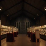 Stolen treasures glimmer with golden glow and security cameras watch the comic book display.