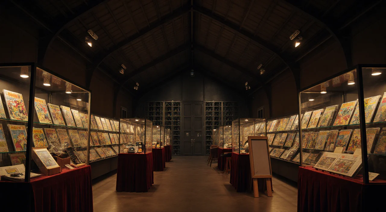 Stolen treasures glimmer with golden glow and security cameras watch the comic book display.