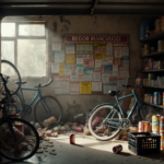 Notice board shows recall warnings with broken bicycles leaning against walls and beer crates scattered around