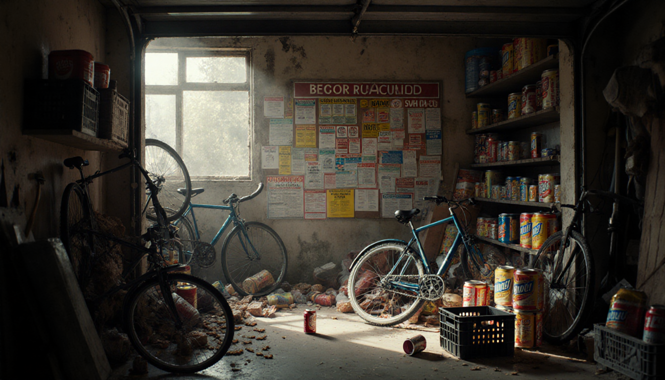 Notice board shows recall warnings with broken bicycles leaning against walls and beer crates scattered around