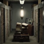 Flickering light illuminates academic papers and books amid dusty boxes with worn leather suitcase showing Portuguese culture