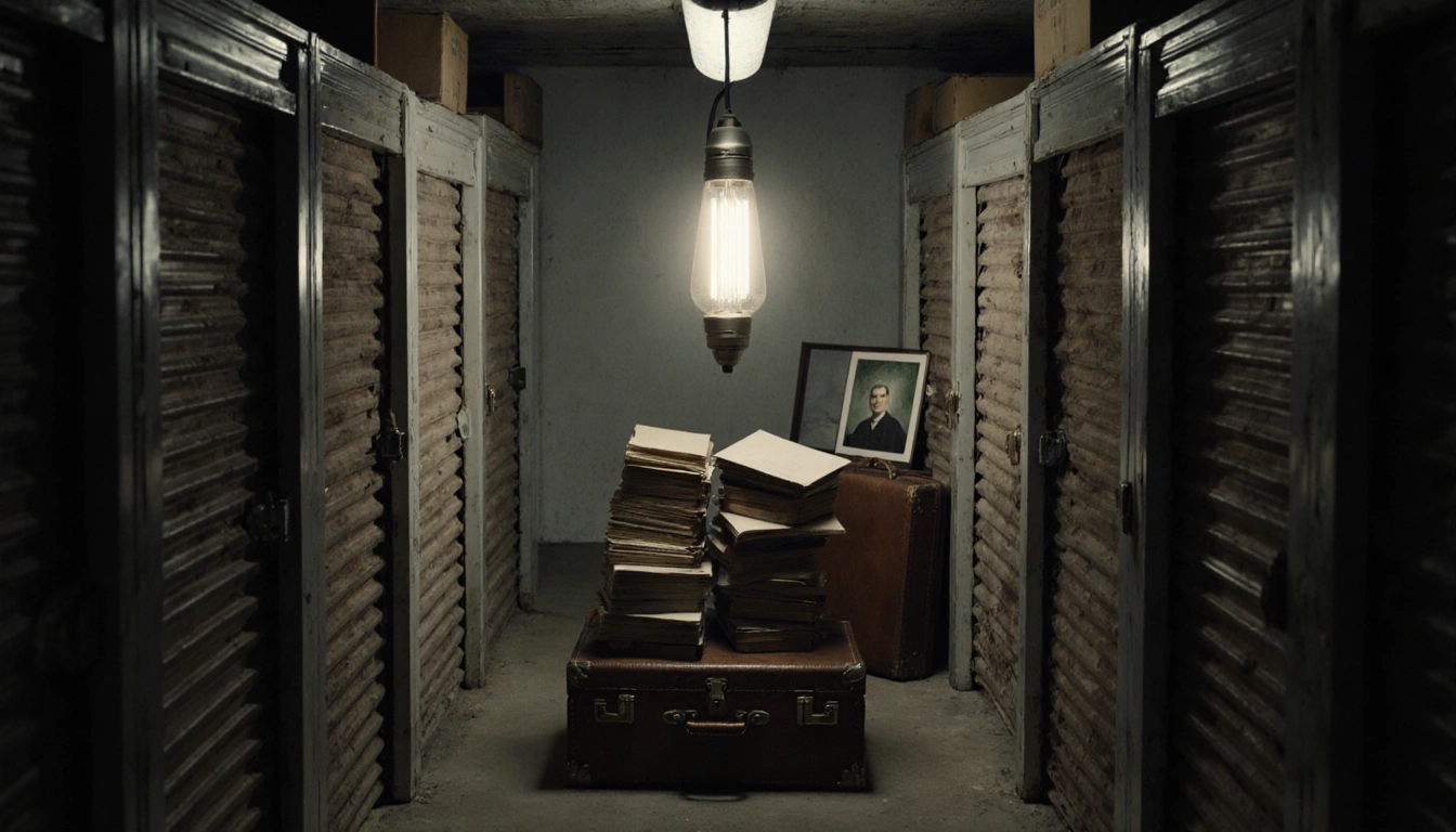 Flickering light illuminates academic papers and books amid dusty boxes with worn leather suitcase showing Portuguese culture