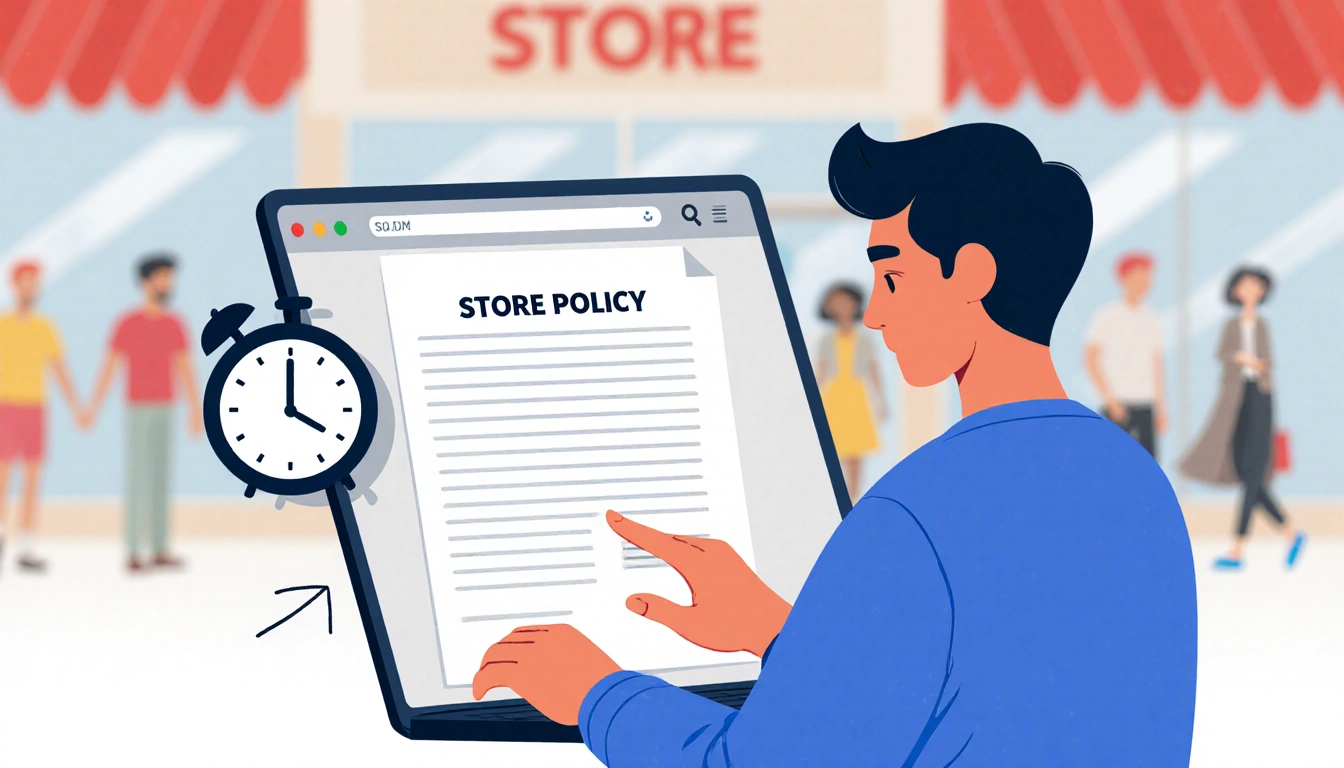 Casual person reviewing laptop with store policy and ticking clock while arrow points to return window in blurred shop