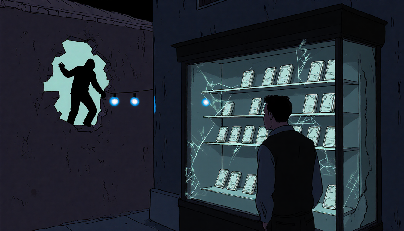 Shop owner inspecting empty display case with police lights flashing and a burglar silhouette tunneling into wall.