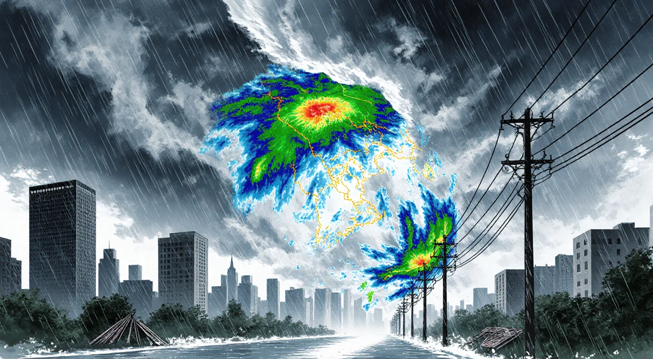 Storm surge systems collide over cityscape with dark clouds and flooded streets and radar overlay showing timing