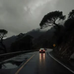 Car stops at edge of winding road with hazard lights flashing on wet rain‑soaked pavement