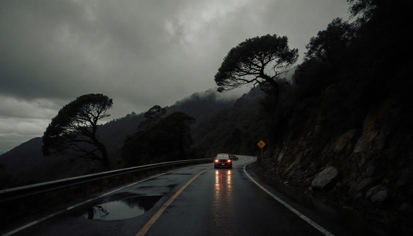 Car stops at edge of winding road with hazard lights flashing on wet rain‑soaked pavement