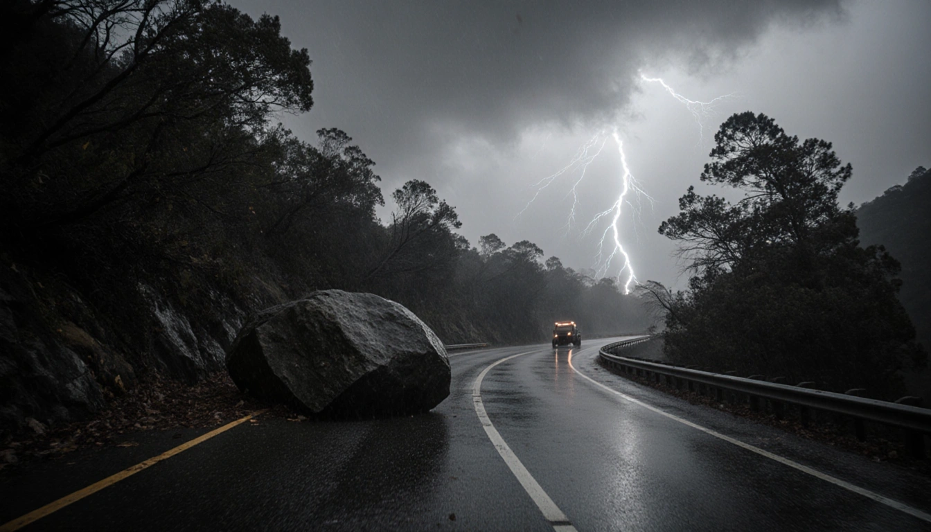 Winding mountain road blocked by a large boulder with stormy grey sky and lightning flashes.