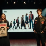 Stranger Eleven standing confidently with Mind Flayer outfit and split screen evolution on screen with nostalgic lighting