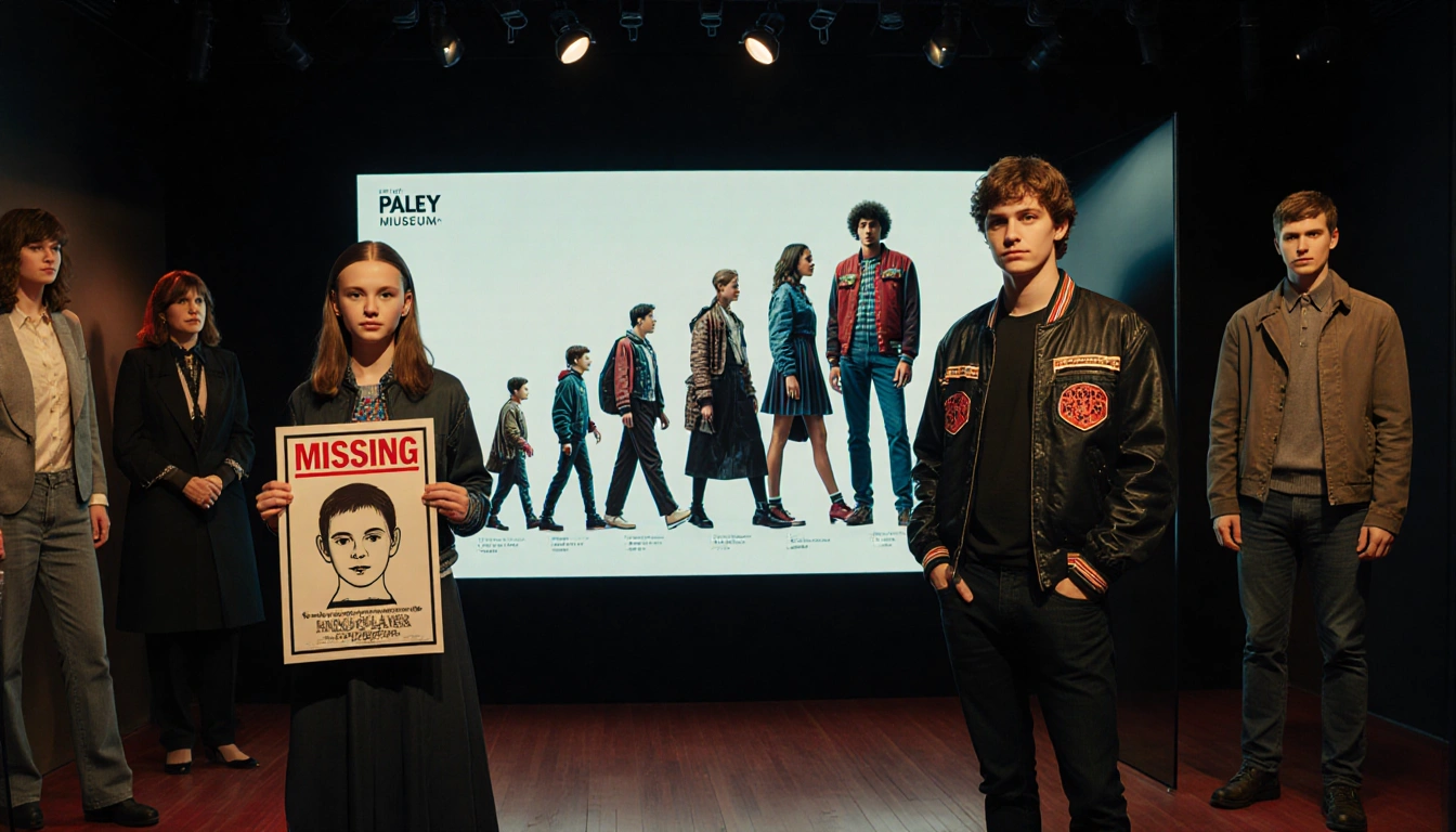 Stranger Eleven standing confidently with Mind Flayer outfit and split screen evolution on screen with nostalgic lighting