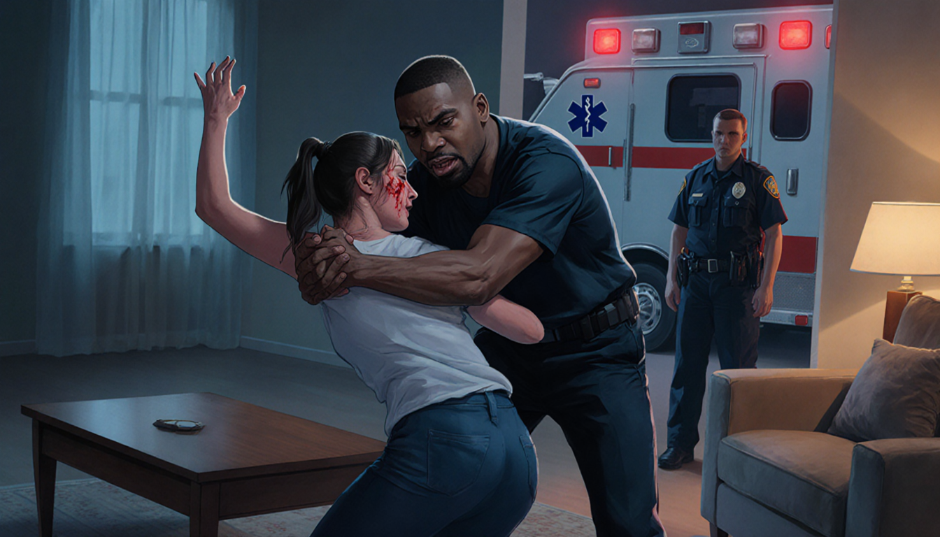 Jamal Anderson strangling a woman with her arms raised and paramedics in the dim living room