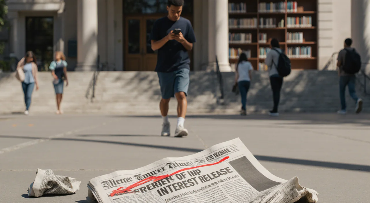 Brown university student walking toward library looking at phone with crumpled newspaper showing red headline nearby