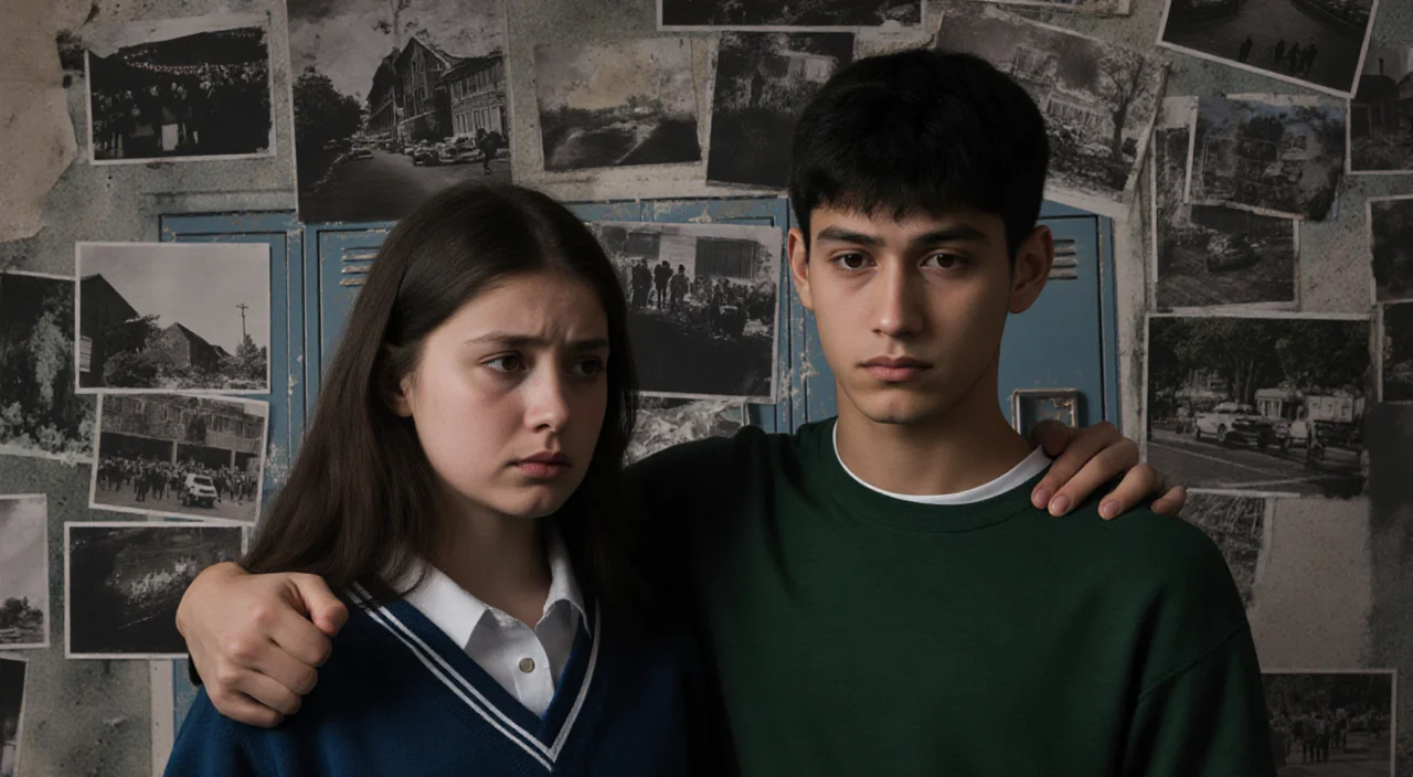 Two students standing together with one hand on the other's shoulder in front of a campus shooting collage with faded uniform