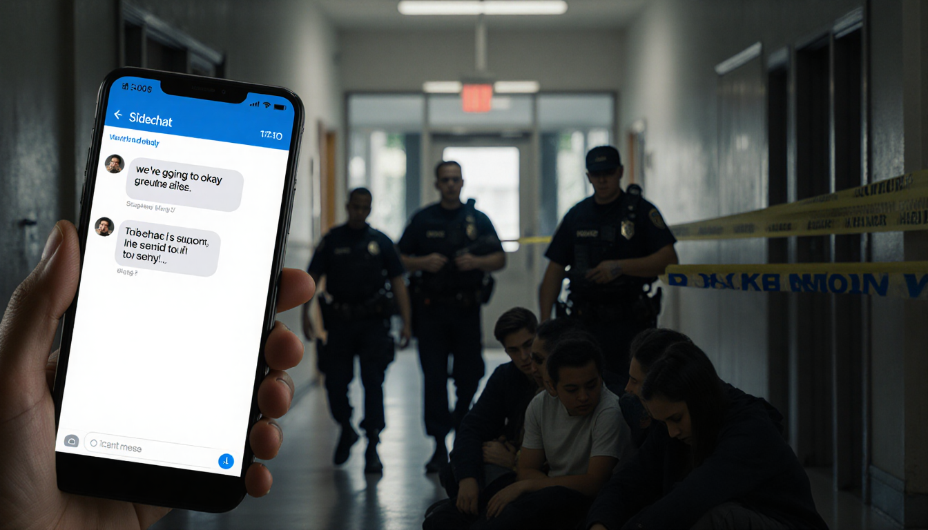 Students huddling in hallway with police officers cautiously near a smartphone showing a supportive message amid a locked uni