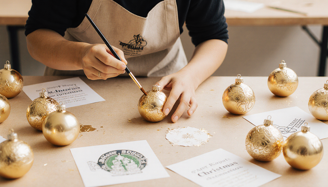 Paper Rabbit employee painting intricate gold ornament with paintbrush in studio workspace with warm golden background and pa