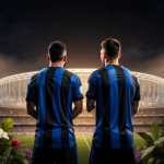 Luis Suárez and Lionel Messi standing with golden stadium lights illuminating their faces beside a modern Inter Miami arena.