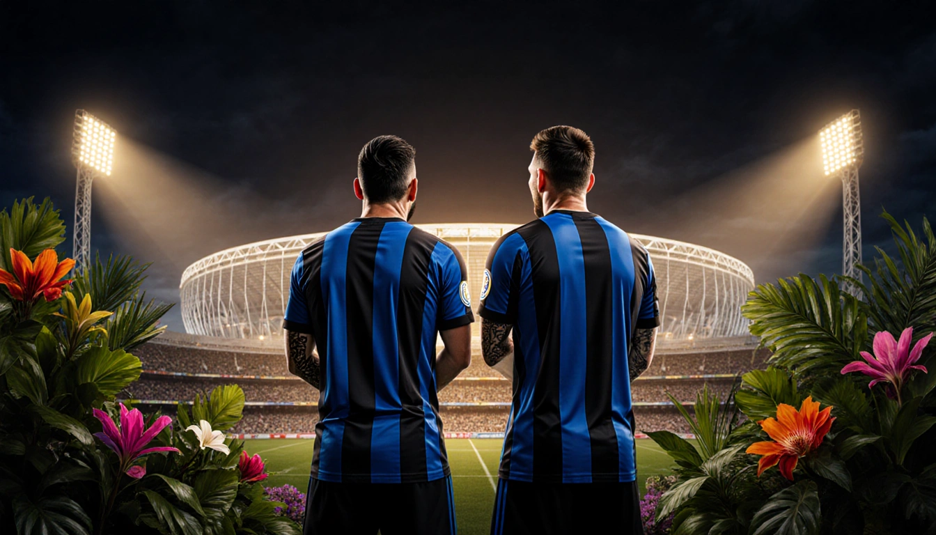 Luis Suárez and Lionel Messi standing with golden stadium lights illuminating their faces beside a modern Inter Miami arena.