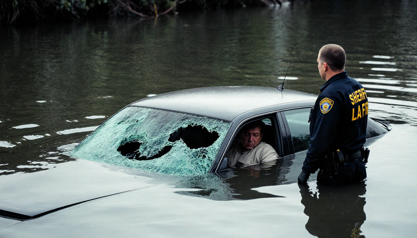 Submerged car rocking in water with ripples and a figure inside and a sheriff officer looking down.