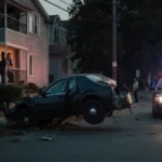 Daniel Reilly peeks out from upstairs with police cruiser and damaged car in suburban street background