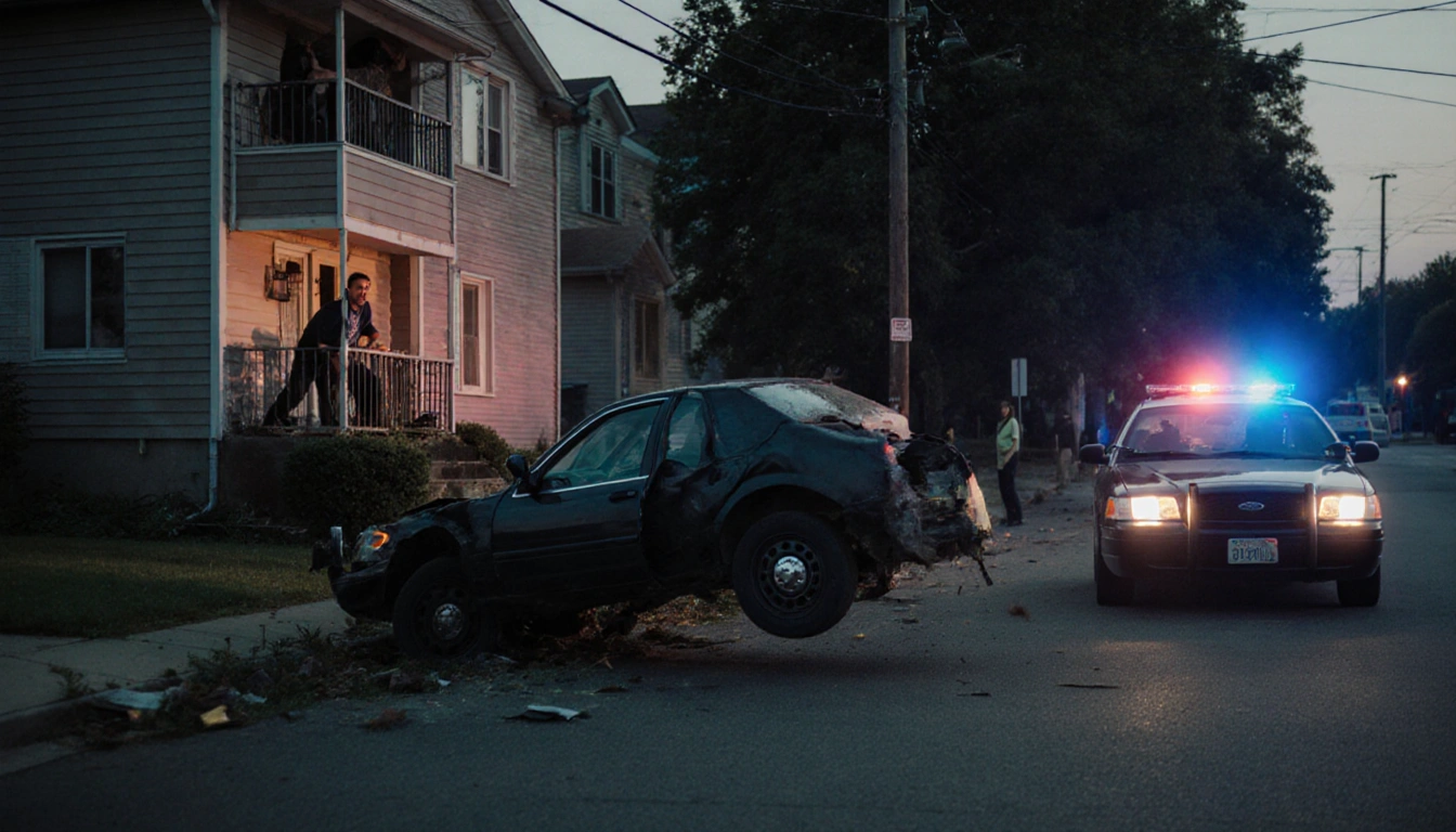 Daniel Reilly peeks out from upstairs with police cruiser and damaged car in suburban street background