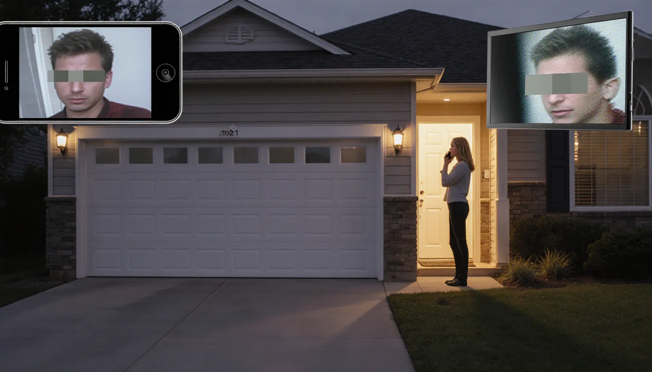 Middle-aged homeowner speaking into phone beside open door after a break-in in a suburban home with security camera screens s