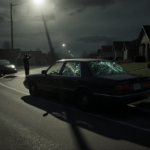 Fearful figure stands in dark suburban street with shattered car windows and glowing streetlight
