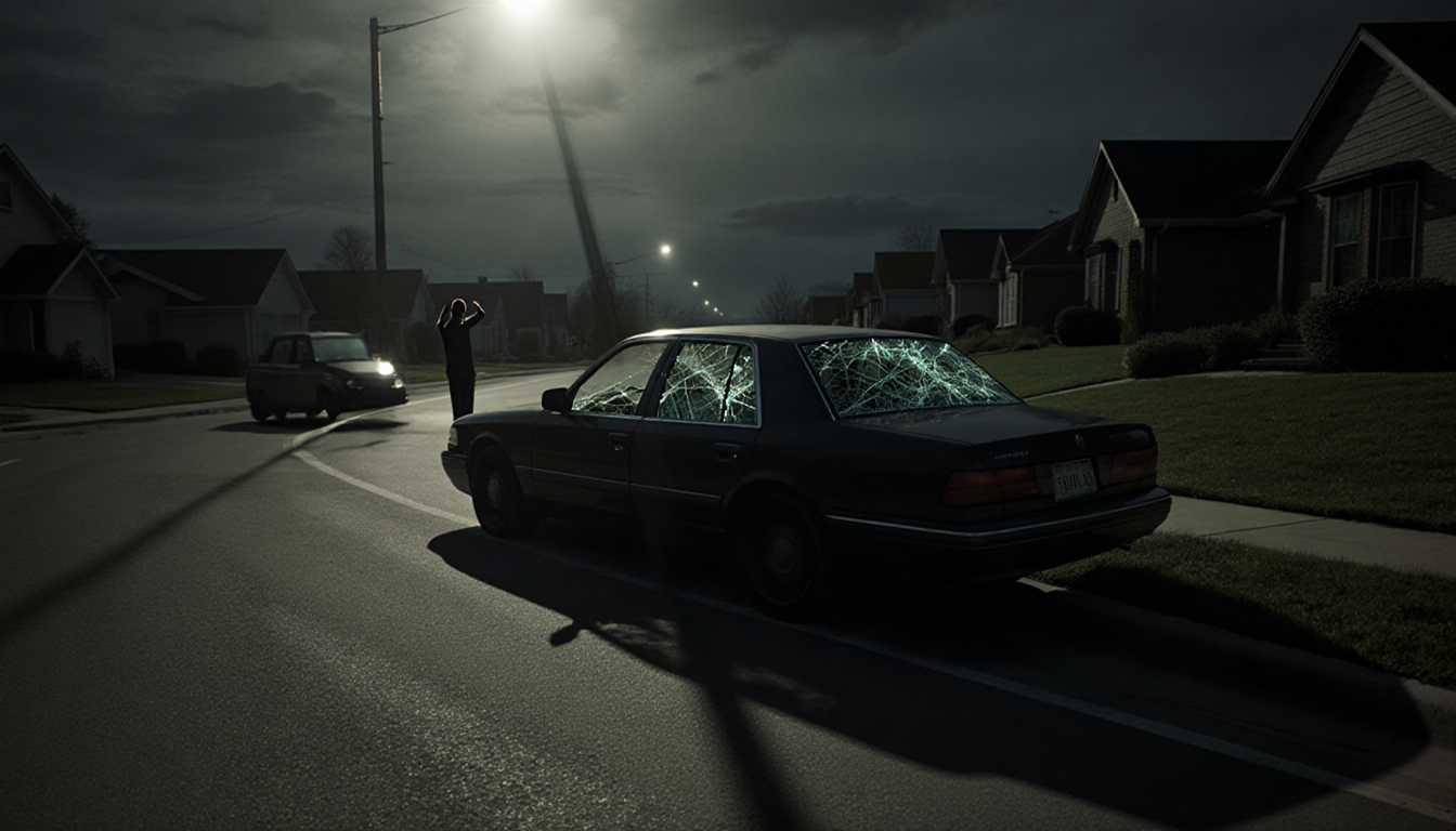 Fearful figure stands in dark suburban street with shattered car windows and glowing streetlight