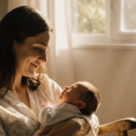 Mother cradles newborn baby with golden light pouring through window and wooden rocking chair.