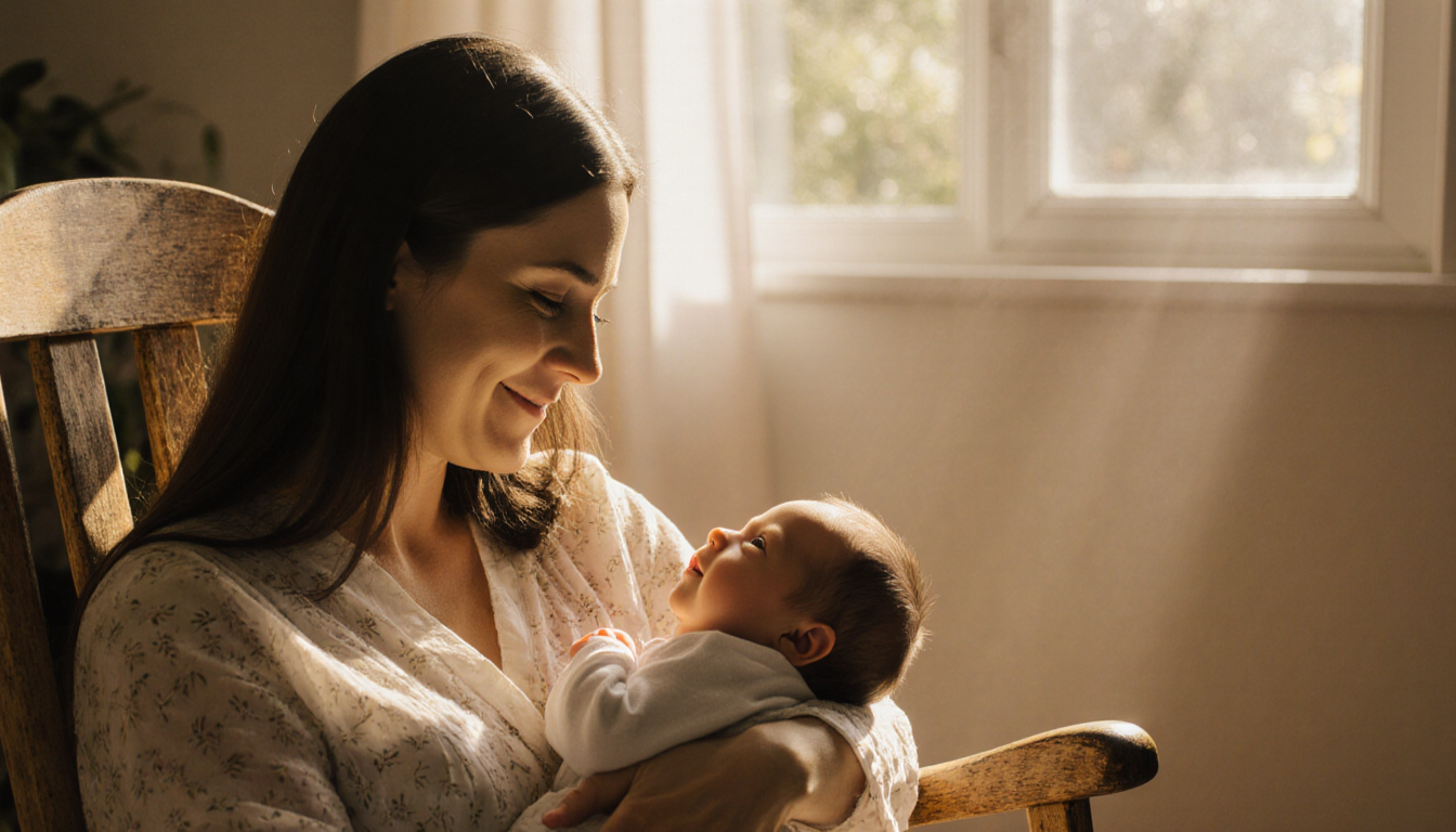 Mother cradles newborn baby with golden light pouring through window and wooden rocking chair.