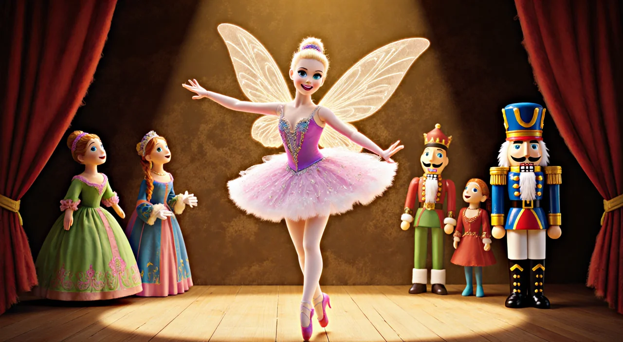 Sugarplum Fairy puppet mid-prances with shimmering wings and tutu beside Nutcracker puppet on golden stage.