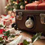 Sparkling Christmas ornament peeks out from neatly packed suitcase with discarded wrapping paper and holly leaves