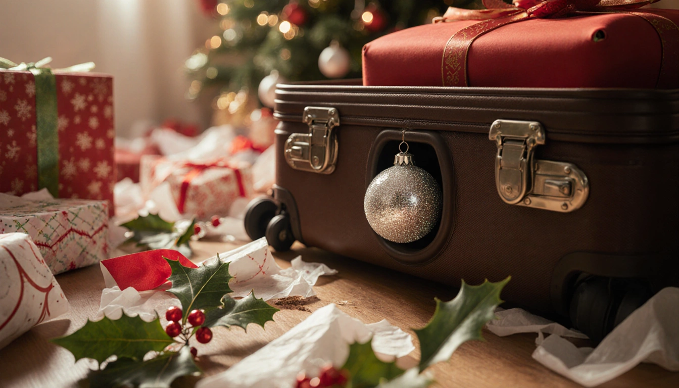 Sparkling Christmas ornament peeks out from neatly packed suitcase with discarded wrapping paper and holly leaves