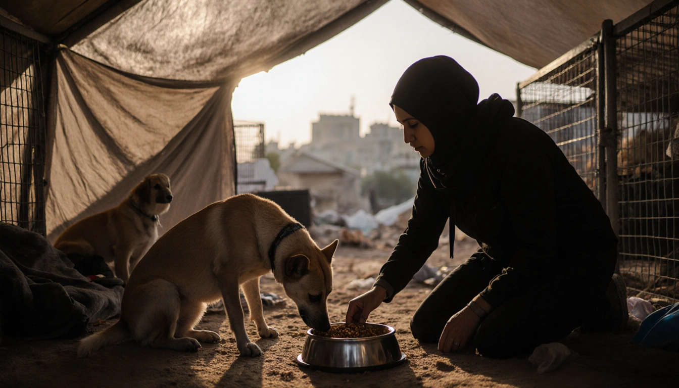 Volunteer pouring food into a bowl for a dog with tent light and makeshift enclosures in Gaza