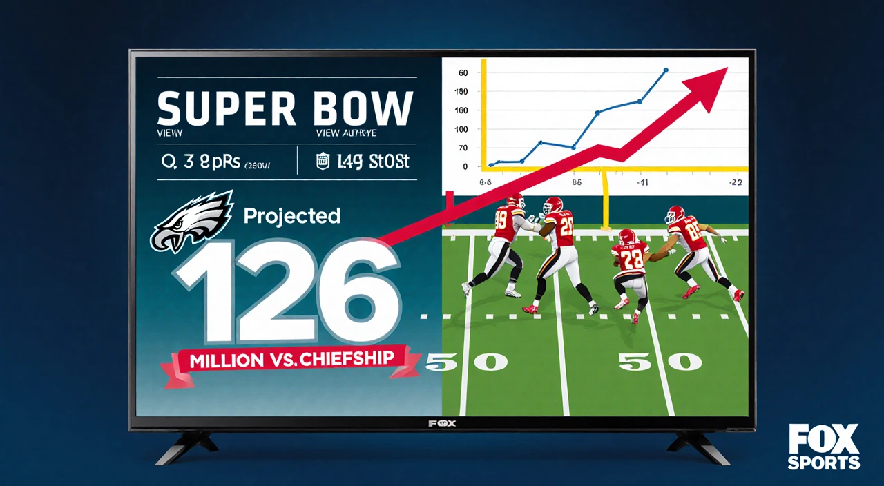 Television splits into two angles of the Super Bowl Eagles vs Chiefs with stats chart showing 126 million viewers red arrow.