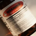 Dietary supplement bottle showing partially obscured warning label with warm glow and muted background.