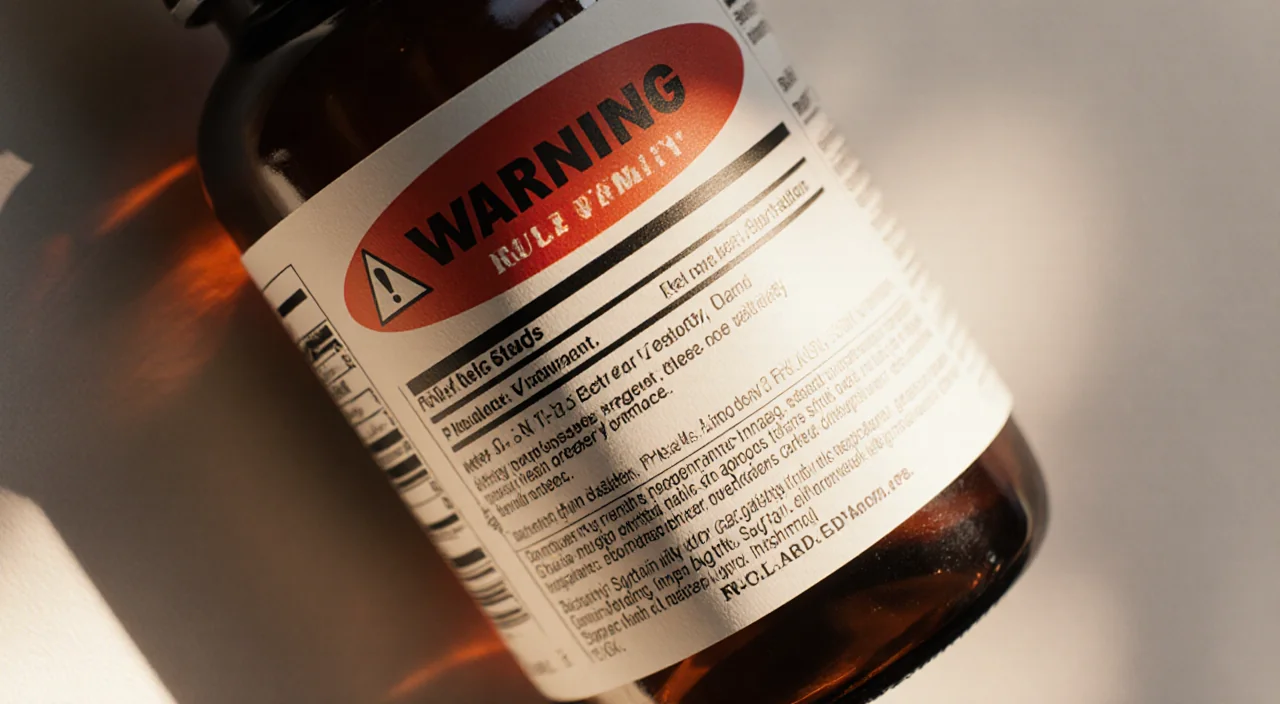Dietary supplement bottle showing partially obscured warning label with warm glow and muted background.